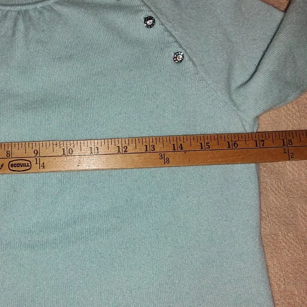 TALBOTS 100% CASHMERE SWEATER 3/4 SLEEVES AQUAMARINE RHINESTONE BUTTONS SZ SP - Picture 7 of 11